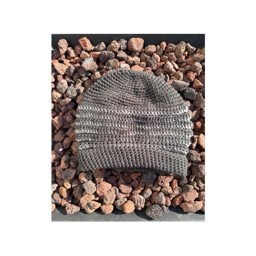 Hand Crafted Knitted Wool & Crocheted Beanie Mens Large Knitted Winter Hat Gray